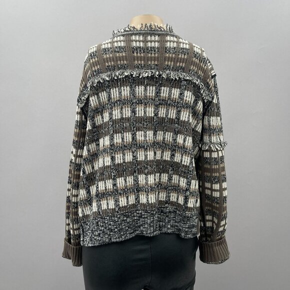 Cabi Plaid Fringe Open Classic Cardigan Sweater #4097 Brown Gray Womens M - Picture 2 of 12